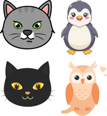 Vector art of cute cartoon faces of a gray cat, a penguin, a black cat, and an owl illustration