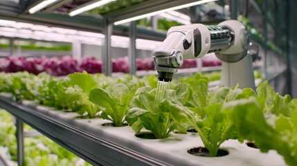Advanced robot watering fresh lettuce in a vertical farm, showcasing modern agriculture.