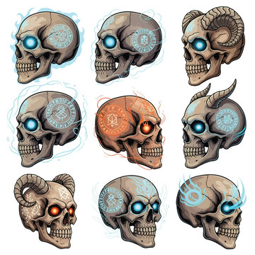 Mystical Skull Vector Set with Glowing Eyes and Magic Runes