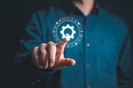 Hand touching digital gear with icons finger technology - Powered by Adobe