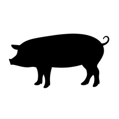 Monochrome silhouette of a pig with a curly tail on white background
