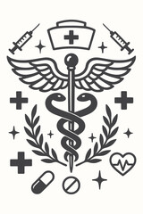 Obraz premium Medical icon set: caduceus, cross, and other medical symbols vector illustration design