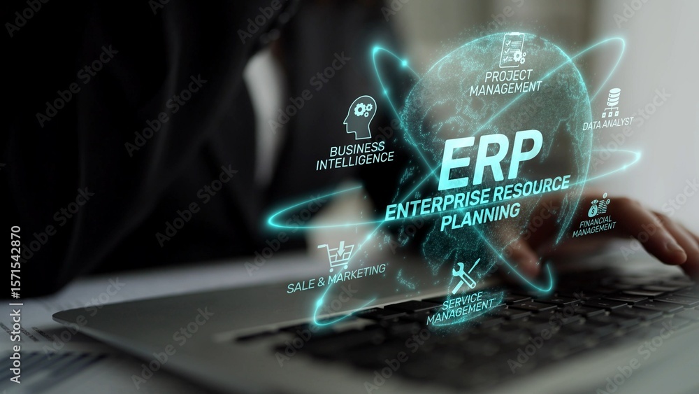 Aufkleber erp platform visual showing centralized system for enterprise resource planning, improving integrati