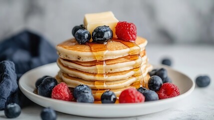 Delicious Stack of Pancakes with Berries and Butter on Top