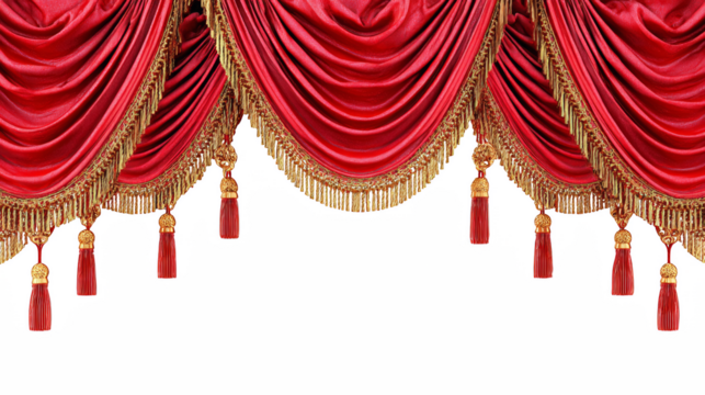 Opulent red velvet curtains with gold trim and tassels create a luxurious and dramatic effect, perfect for stage, theater and elegant backgrounds.