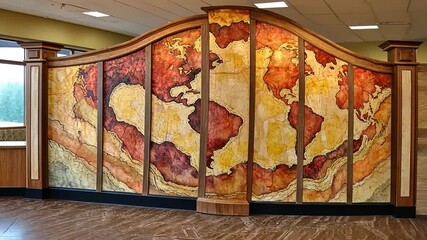 Intricate World Map Mural on Wooden Paneling - Powered by Adobe