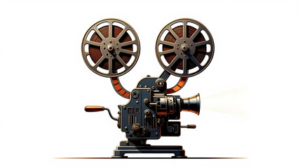 Fototapeta premium Vintage old movie film projector with metal reels isolated on white background