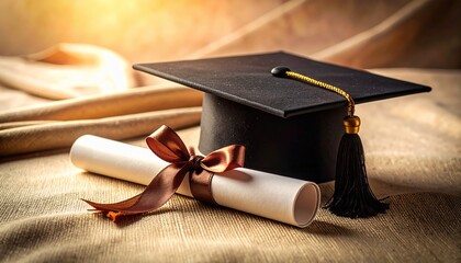 Birrete de graduación con cinta dorada y diploma enrollado sobre superficie clara decorada con tela