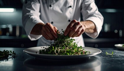 Chef profesional decorando plato gourmet con hojas verdes frescas en cocina de alta gama