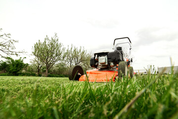 Gardening work tools. Wide angle view of orange electric lawn mower, wheels, motor on bright lush...