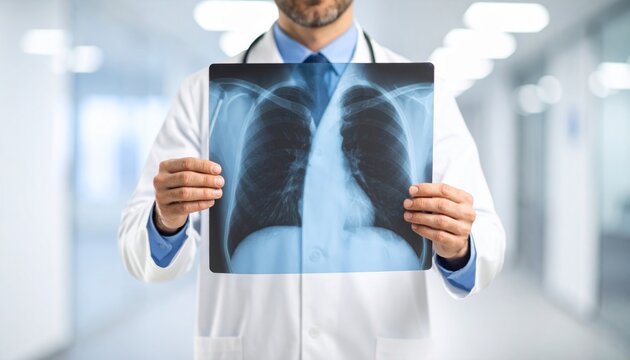 M&eacute;dico sujetando radiograf&iacute;a de pulmones en posici&oacute;n central sobre fondo cl&iacute;nico con iluminaci&oacute;n clara