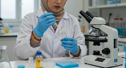 Scientist in lab coat doing research with microscope and chemicals