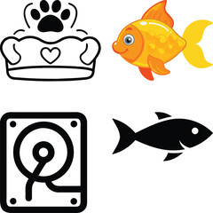 Naklejka premium Vector art of a paw print crown sits above a cute goldfish, while a hard drive and a black fish icon are below
