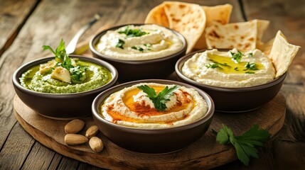 Assorted Middle Eastern Dips Served with Fresh Flatbread and Herbs