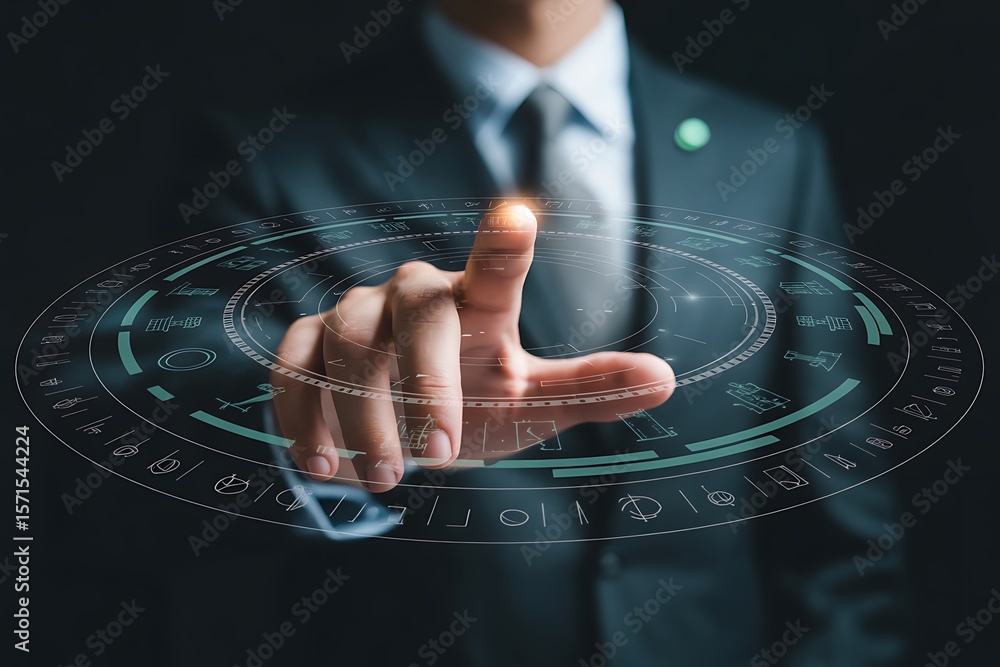 Poster hand touching futuristic circular interface with symbols