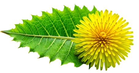 Vibrant yellow dandelion with green leaf isolated