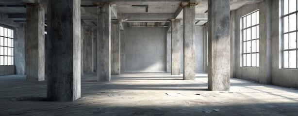 Fototapeta premium The spacious industrial interior featuring concrete pillars and large windows