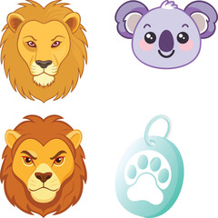 Obraz premium Vector art of two adorable cartoon lions and a cute koala, along with a paw print on a teal tag, create a charming and playful illustration