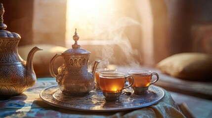 Fototapeta premium Elegant Traditional Tea Set with Tea Cups and Steam in Warm Light