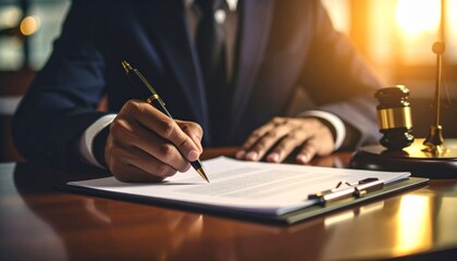 Ejecutivo redactando sobre escritorio de madera con traje formal y documentos dispersos en espacio de oficina