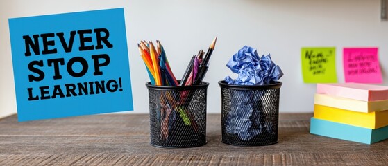 The inspiring workspace with colorful stationery and motivational message.