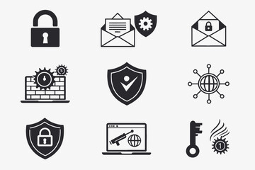 A collection of twelve security icons isolated on white background, representing various digital security measures