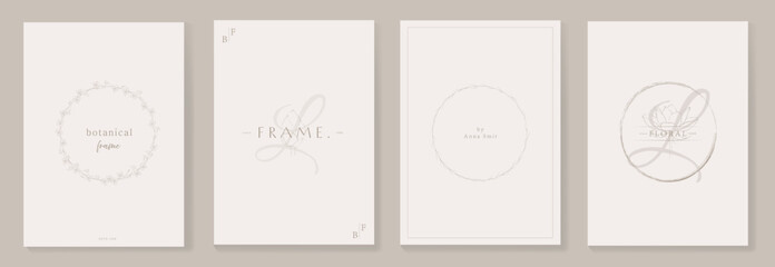 Elegant round botanical frame with hand-drawn leaves, branches and flowers in minimal line art style. Perfect for wedding invitations, product packaging, seasonal branding, and greeting cards. 