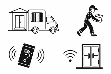 A set of four simple icons depicts various stages of a delivery service, isolated on white background