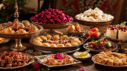 Fototapeta premium Exquisite Array of Middle Eastern Desserts and Sweets on a Table