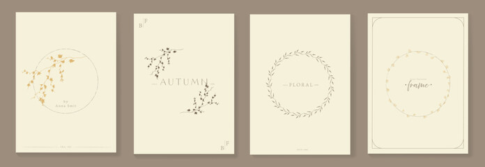 Autumn botanical frames with delicate line art branches and seasonal flowers. Hand-drawn circular wreaths in minimalist style, perfect for invitations, stationery, branding, packaging and fall-themed 