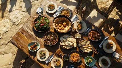 Fototapeta premium Colorful Spread of Diverse Dishes on Rustic Wooden Table Outdoors