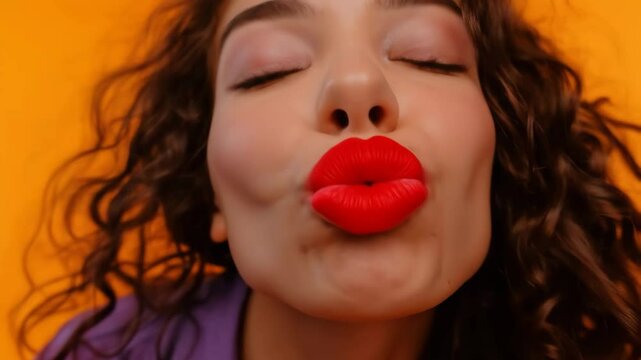 Caucasian woman with curly hair pouting red lips for a kiss. Flirty girl sending air kiss on orange background video footage.