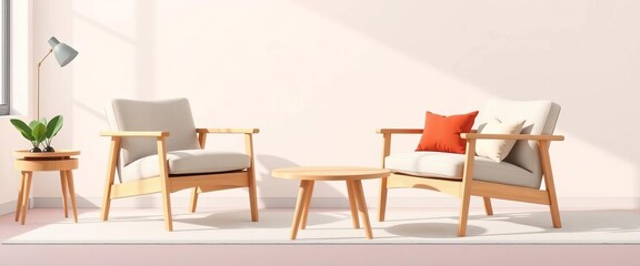 Modern Scandinavian armchairs, minimalist design, light wood, comfortable seating, flat vector illustration,  wood,  decor
