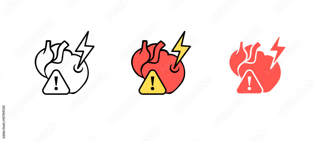 Poster heart designs with exclamation mark and lightning symbols in black and red represent warning concept