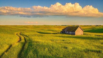 Golden hour light illuminates rolling hills and abandoned barn
