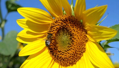 Obraz premium Close-up of a vibrant sunflower with a bee collecting nectar