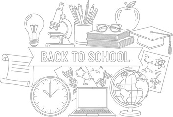Back to school vector illustration with school supplies and education elements outline drawing design art