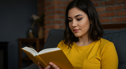 Young woman enjoying reading a book in a cozy, relaxed indoor setting