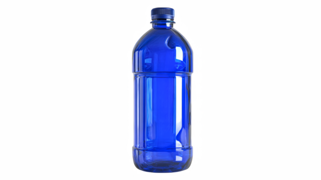 A vivid blue plastic bottle shines against a stark black background, its glossy surface reflecting light and creating a sense of depth.