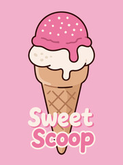 Sweet Scoop Ice Cream Cone with Melting Pink and White Scoops