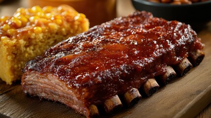 Barbecue Ribs with Glaze and Cornbread on Wooden Serving Board