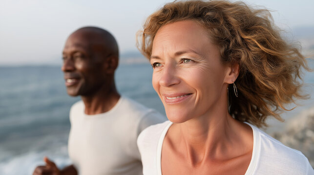 Caucasian female and african male adults running by the sea - Powered by Adobe