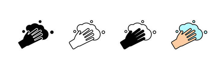 Icon showing hand washing with soap for hygiene in different design styles and color options.