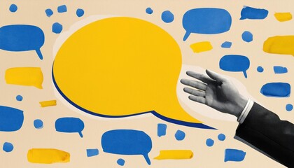 Creative Communication Concept Hand Grasping Yellow Speech Bubble in Collage Banner