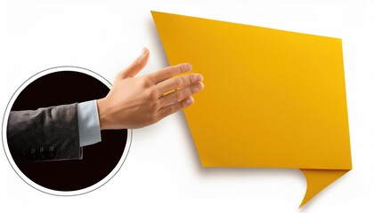 Creative Communication Concept Hand Grasping Yellow Speech Bubble in Collage Banner