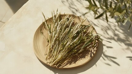 Dried Grass Stems on a Wooden Plate with Soft Natural Lighting