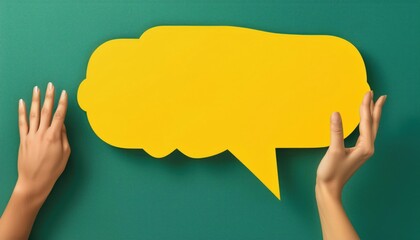 Creative Communication Concept Hand Grasping Yellow Speech Bubble in Collage Banner