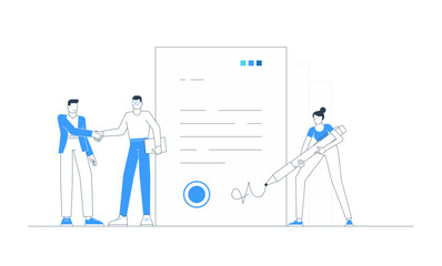 Vector illustration of a woman signing a business contract while two men shake hands, symbolizing agreement and partnership. Concept of document, deal, handshake, and corporate cooperation in office.