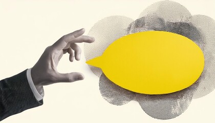 Creative Communication Concept Hand Grasping Yellow Speech Bubble in Collage Banner