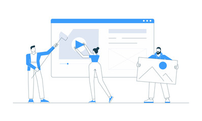Vector illustration of a business team designing a website. Concept of web development, UI and UX design, teamwork, and digital project creation in a modern online environment.